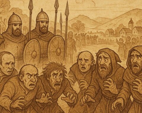 Parchment-style illustration of Essido and companions captured by king’s soldiers, Nigerian folktale of justice and downfall.