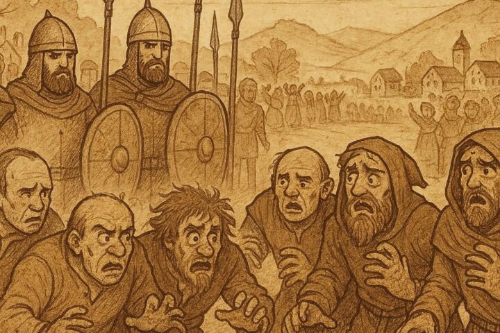 Parchment-style illustration of Essido and companions captured by king’s soldiers, Nigerian folktale of justice and downfall.
