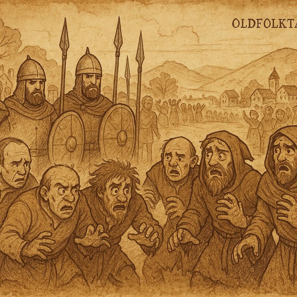 Parchment-style illustration of Essido and companions captured by king’s soldiers, Nigerian folktale of justice and downfall.