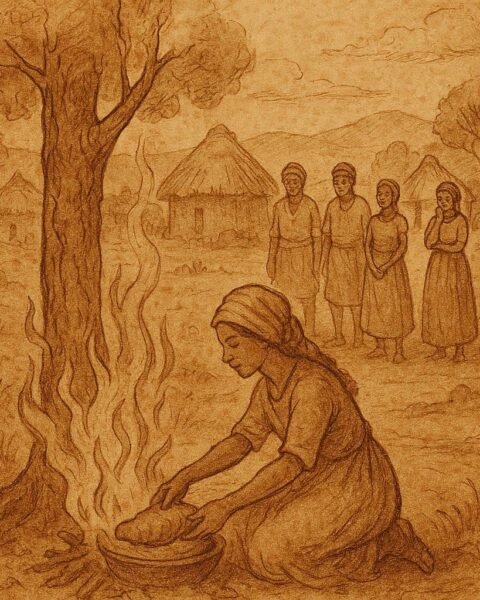 Parchment-style illustration of Beninese folktale scenes showing woman discovering fire and Death gaining power over man.