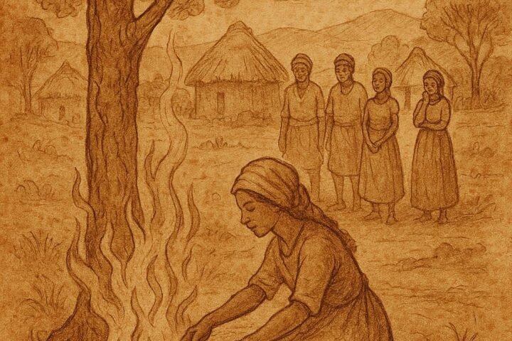 Parchment-style illustration of Beninese folktale scenes showing woman discovering fire and Death gaining power over man.