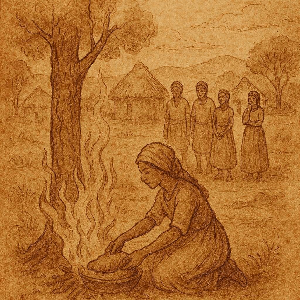 Parchment-style illustration of Beninese folktale scenes showing woman discovering fire and Death gaining power over man.