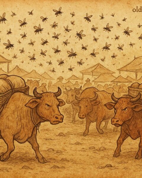 Parchment-style illustration of cows in a market surrounded by angry flies, African folktale explaining their endless nuisance.