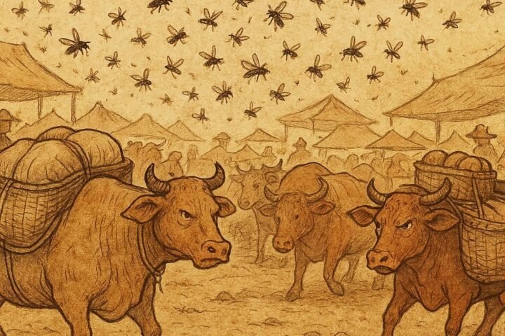Parchment-style illustration of cows in a market surrounded by angry flies, African folktale explaining their endless nuisance.
