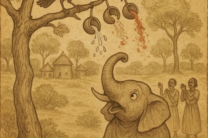 Parchment-style illustration of Titagweti on a tree branch pouring calabashes in a symbolic display as Elephant watches, villagers smiling in a Dahomey village.