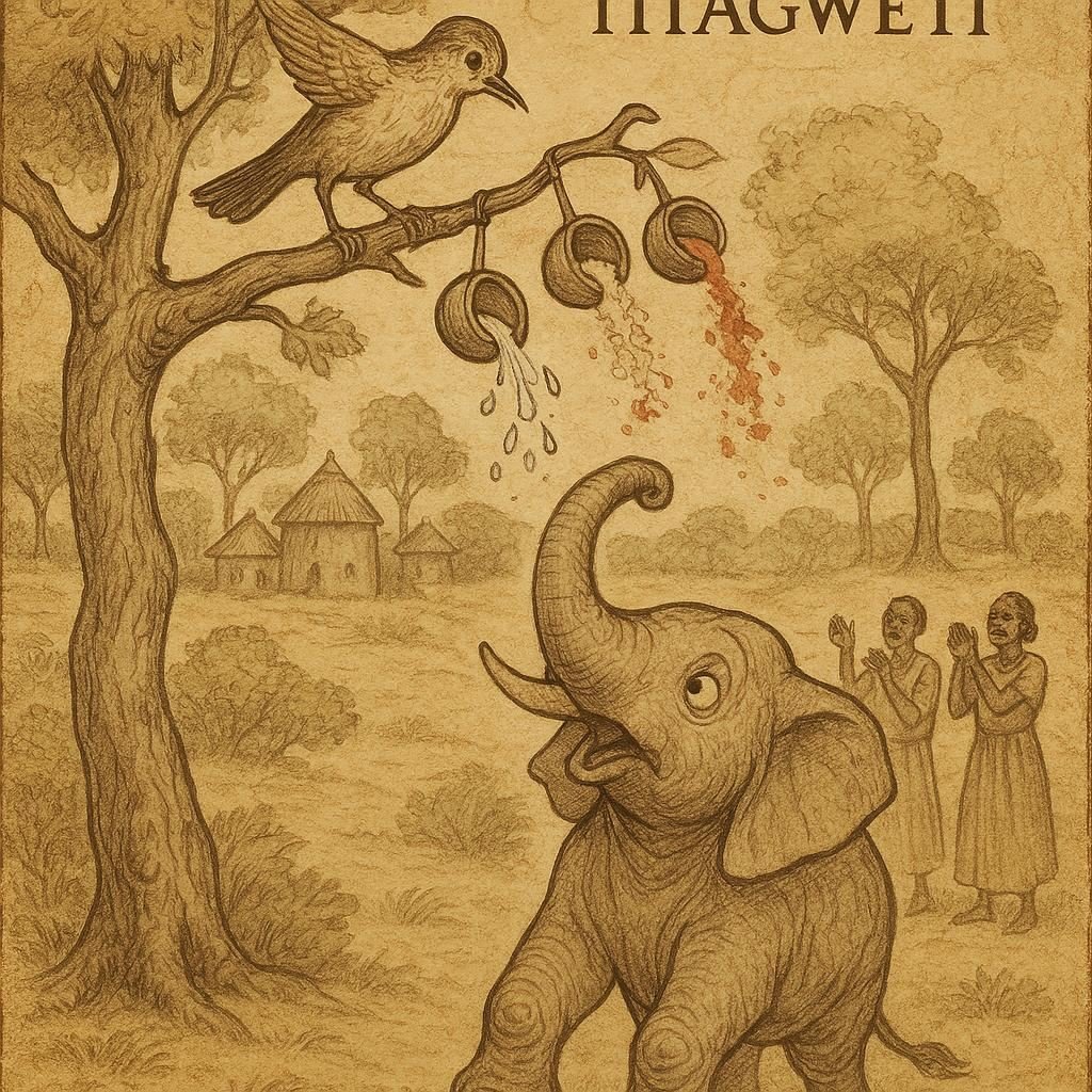The Boxing Contest: Titagweti’s Clever Triumph – OldFolktales.com | FolktalesAfrica.com Parchment-style illustration of Titagweti on a tree branch pouring calabashes in a symbolic display as Elephant watches, villagers smiling in a Dahomey village.
