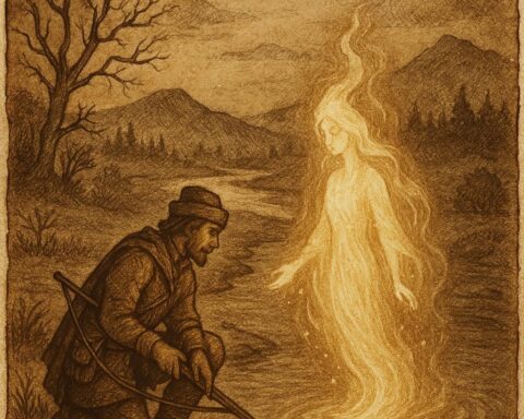 A hunter kneels before a glowing river spirit rising from the water with a mystical aura – Igbo folktales