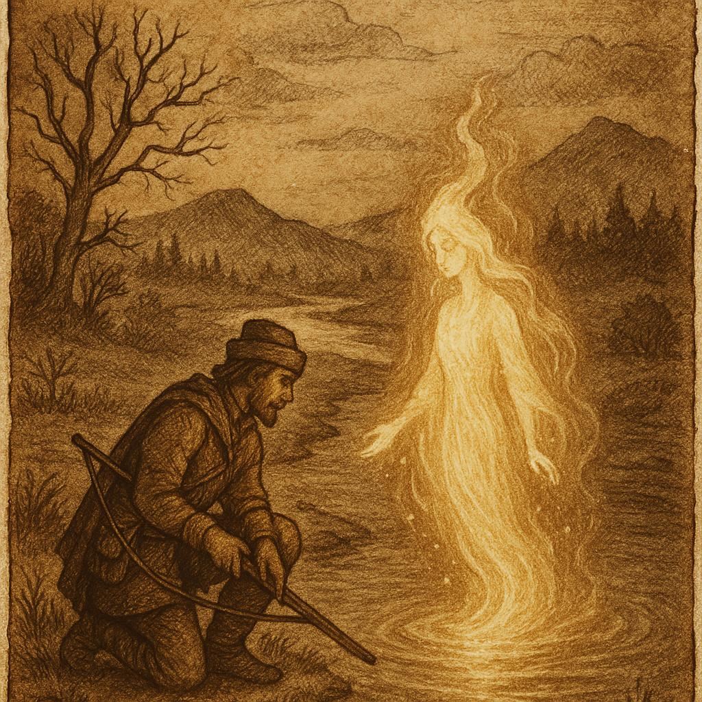 A hunter kneels before a glowing river spirit rising from the water with a mystical aura – Igbo folktales