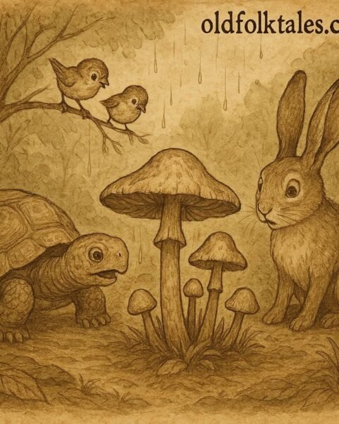 the first mushrooms sprouting on a forest floor after rain, while a tortoise, hare, and small birds gather curiously around them – African folktale