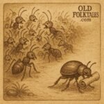 A council of different ants arguing while a beetle carrying a scroll wanders away – African folktale