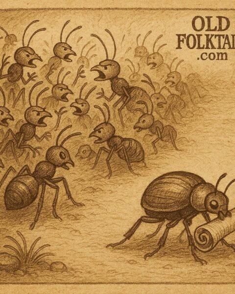 A council of different ants arguing while a beetle carrying a scroll wanders away – African folktale