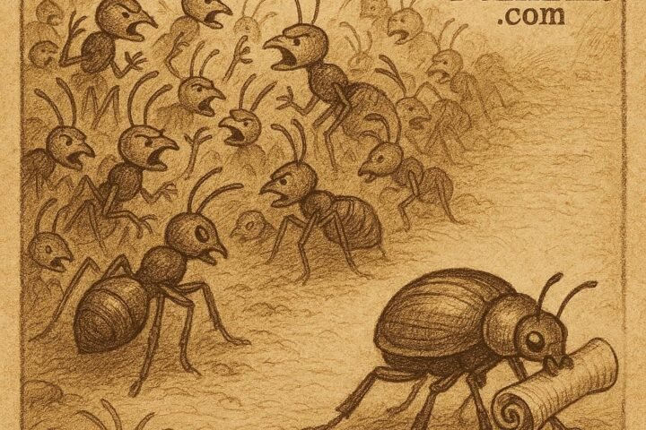 A council of different ants arguing while a beetle carrying a scroll wanders away – African folktale