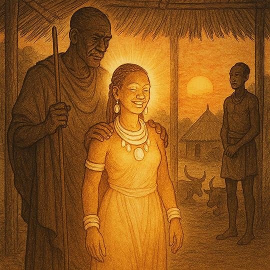 Aluel and Her Loving Father: Life with the Sun | FolktalesAfrica.com Parchment-style landscape artwork of Aluel radiant with ivory bangles, cared for by the Sun’s wives near a glowing river, with the Oldfolktales.com logo at the top right.