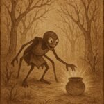 Ananse discovering a glowing magical pot of wisdom in a dry, barren forest -African folktales