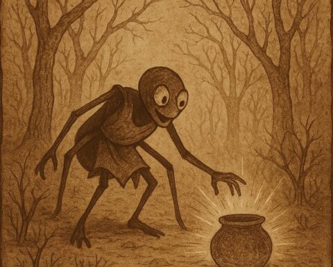 Ananse discovering a glowing magical pot of wisdom in a dry, barren forest -African folktales