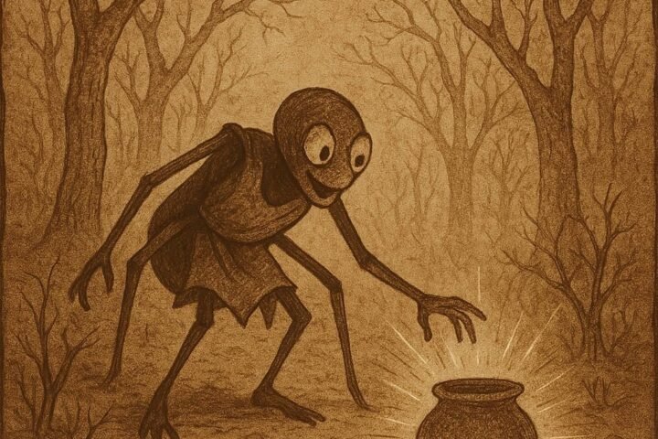 Ananse discovering a glowing magical pot of wisdom in a dry, barren forest -African folktales