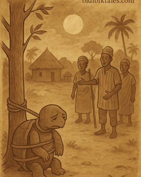 Tortoise caught stealing from his father-in-law’s farm, tied to a tree, with villagers watching – West African folktale