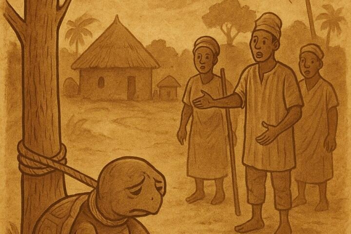 Tortoise caught stealing from his father-in-law’s farm, tied to a tree, with villagers watching – West African folktale