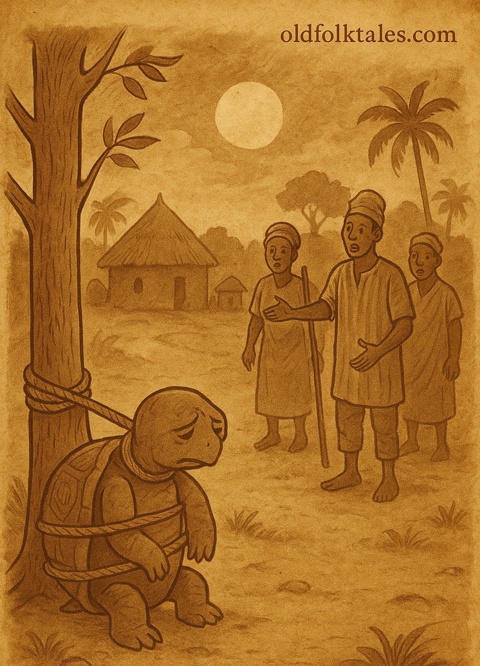 Tortoise caught stealing from his father-in-law’s farm, tied to a tree, with villagers watching – West African folktale