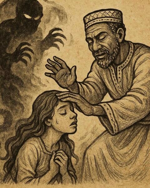 Samba Atta Dabo curing a bewitched girl while a shadowy sorcerer fades away – Wolof folktale from Senegal