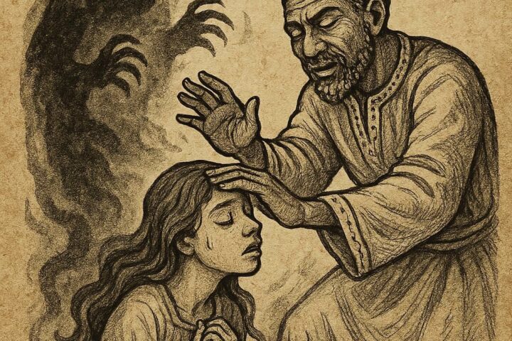 Samba Atta Dabo curing a bewitched girl while a shadowy sorcerer fades away – Wolof folktale from Senegal
