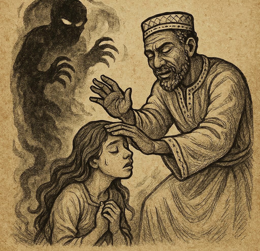 Samba Atta Dabo curing a bewitched girl while a shadowy sorcerer fades away – Wolof folktale from Senegal