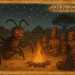 Anaanu the spider sitting proudly on a web while villagers gather to listen to his stories – Nigerian folktale