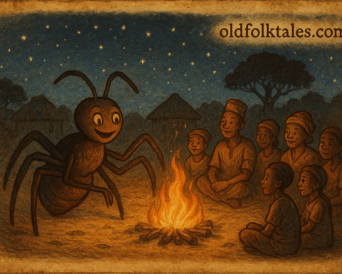 Anaanu the spider sitting proudly on a web while villagers gather to listen to his stories – Nigerian folktale