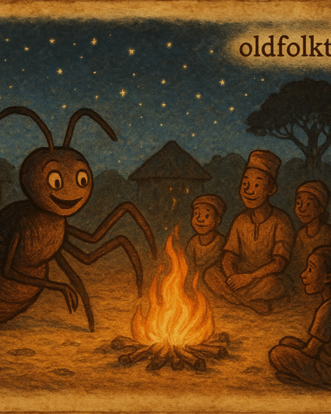 Anaanu the spider sitting proudly on a web while villagers gather to listen to his stories – Nigerian folktale