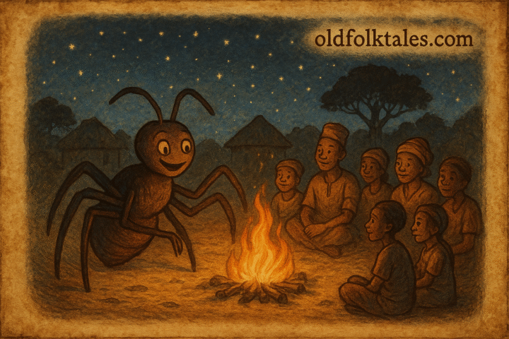 Anaanu the spider sitting proudly on a web while villagers gather to listen to his stories – Nigerian folktale