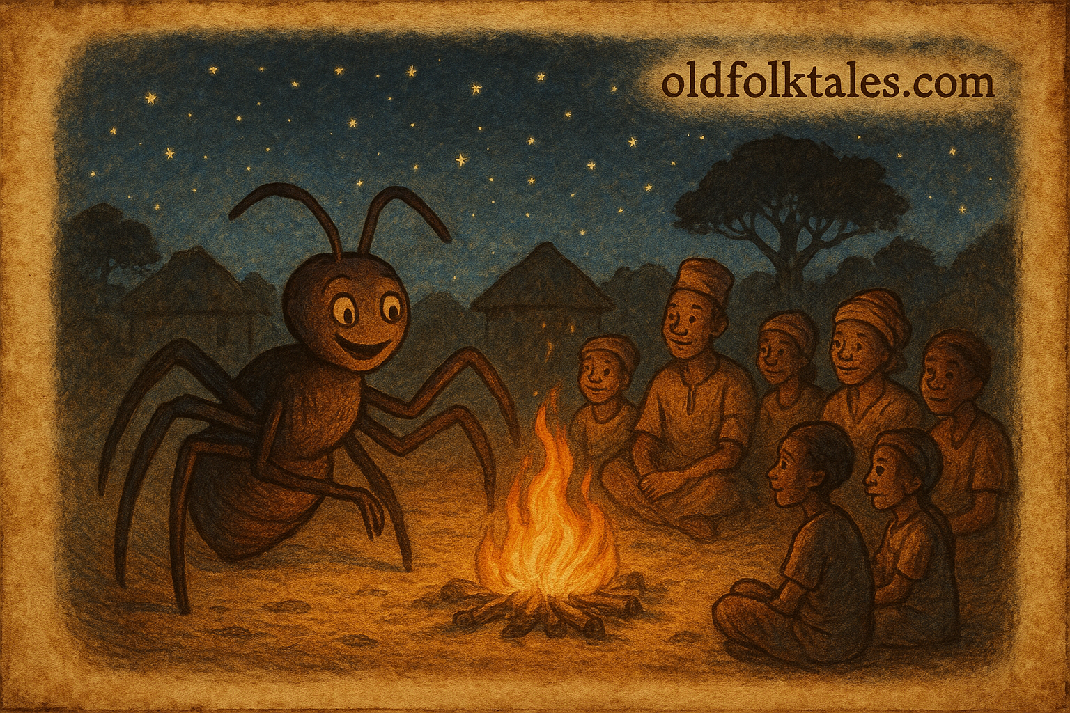 Why We Tell Stories About Anaanu the Spider – Nigerian Folktale | FolktalesAfrica.com Anaanu the spider sitting proudly on a web while villagers gather to listen to his stories – Nigerian folktale