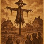 A tall scarecrow standing in a village farm at dusk while villagers watch from a distance – African Folktale