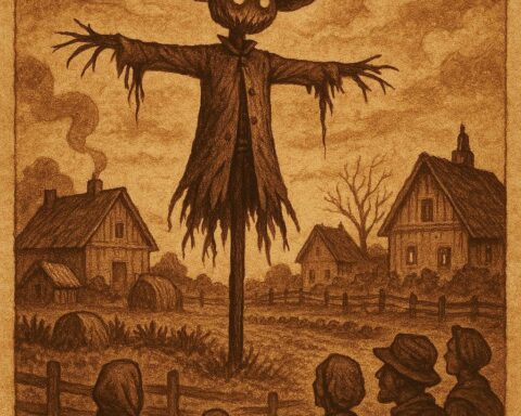 A tall scarecrow standing in a village farm at dusk while villagers watch from a distance – African Folktale