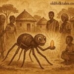 Kwaku Ananse the spider carrying a single shining grain of corn through a village with curious villagers watching – Ashanti folktale