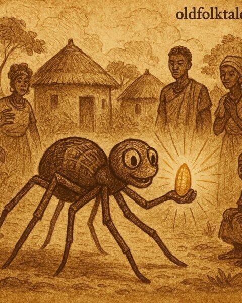 Kwaku Ananse the spider carrying a single shining grain of corn through a village with curious villagers watching – Ashanti folktale