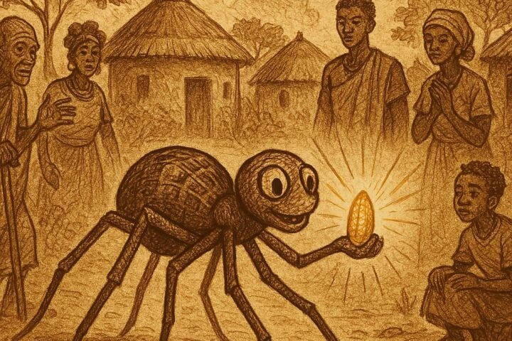 Kwaku Ananse the spider carrying a single shining grain of corn through a village with curious villagers watching – Ashanti folktale