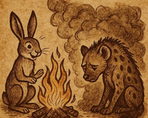 a hare sitting by a bright fire while a hyena coughs sadly in thick smoke, symbolizing wisdom over carelessness in a Senegalese folktale