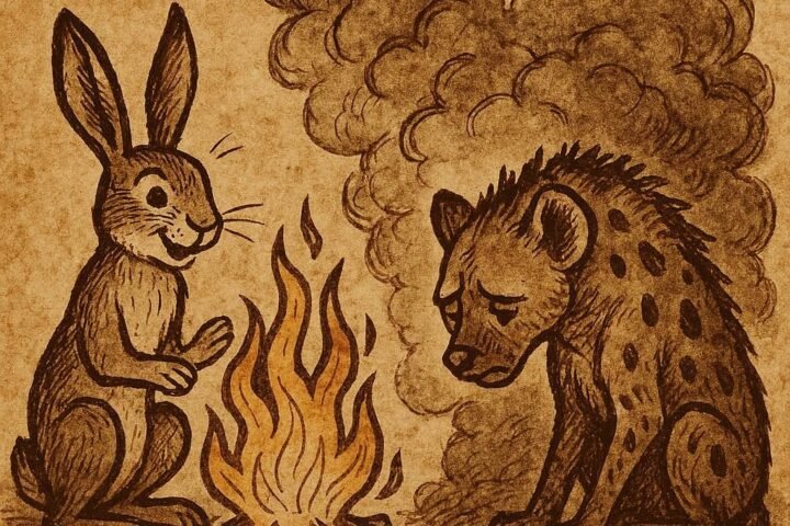 a hare sitting by a bright fire while a hyena coughs sadly in thick smoke, symbolizing wisdom over carelessness in a Senegalese folktale