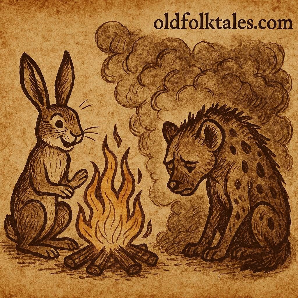 a hare sitting by a bright fire while a hyena coughs sadly in thick smoke, symbolizing wisdom over carelessness in a Senegalese folktale