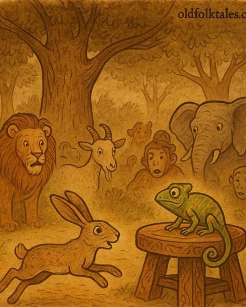 a chameleon sitting proudly on a wooden stool while a hare arrives in shock, surrounded by other animals like a lion, goat, elephant, and monkeys – Ashanti folktale