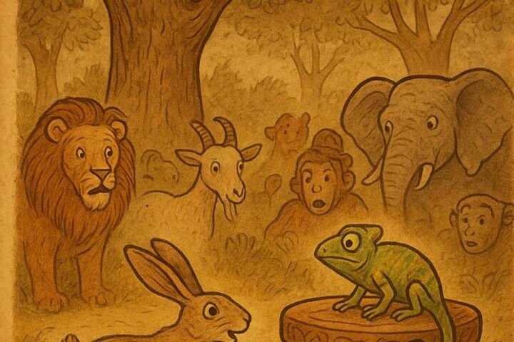 a chameleon sitting proudly on a wooden stool while a hare arrives in shock, surrounded by other animals like a lion, goat, elephant, and monkeys – Ashanti folktale