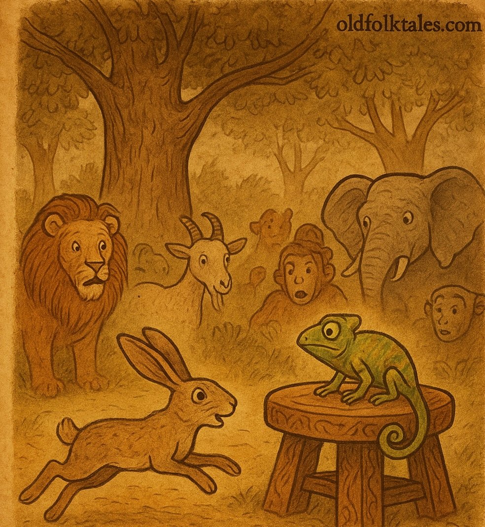 a chameleon sitting proudly on a wooden stool while a hare arrives in shock, surrounded by other animals like a lion, goat, elephant, and monkeys – Ashanti folktale