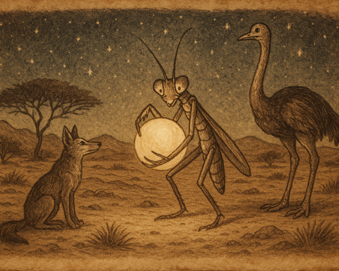 Mantis steals glowing moonlight in the Kalahari Desert, watched by jackal and ostrich under a starry sky.