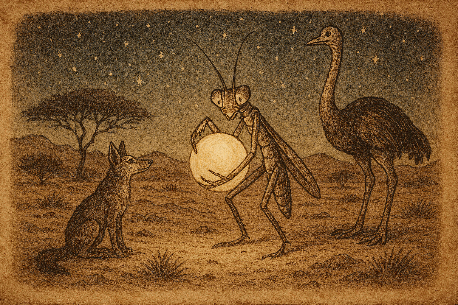 Mantis steals glowing moonlight | FolktalesAfrica.com Mantis steals glowing moonlight in the Kalahari Desert, watched by jackal and ostrich under a starry sky.