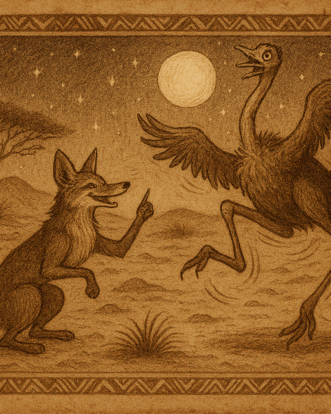 Parchment-style illustration of a sly jackal tricking an ostrich into dancing wildly under desert moonlight, with African motifs and a starry Kalahari sky in aged storybook style.