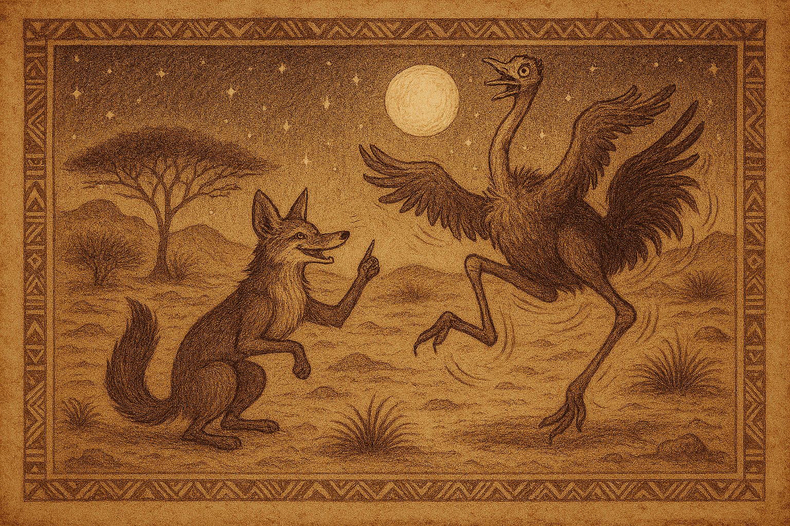 Parchment-style illustration of a sly jackal tricking an ostrich into dancing wildly under desert moonlight, with African motifs and a starry Kalahari sky in aged storybook style.