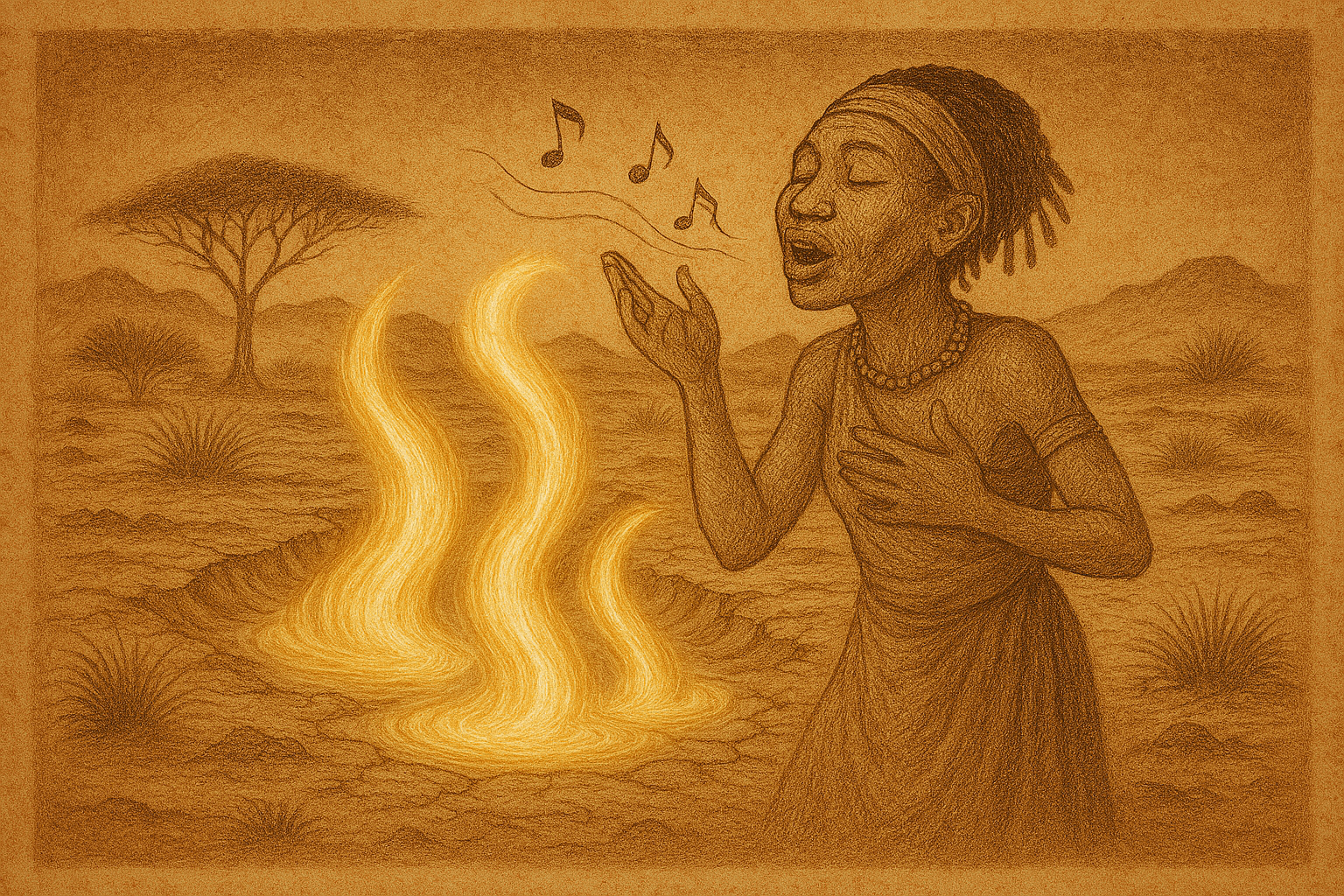 A San woman sings as glowing rivers emerge from the desert ground. | FolktalesAfrica.com A San woman sings as glowing rivers emerge from the desert ground.