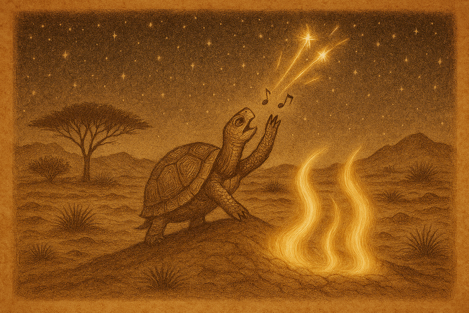 khurube stands on a desert hill beneath a starry night, tossing glowing sparks into the sky—etched in warm, aged parchment tones. | FolktalesAfrica.com