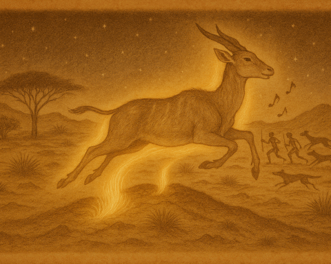 Eland leaps across glowing desert plain under African sky, trailed by hunters and animals