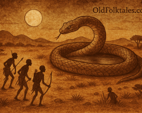 Khaa coiled around a glowing desert waterhole under moonlight, with three San hunters watching cautiously from the foreground.